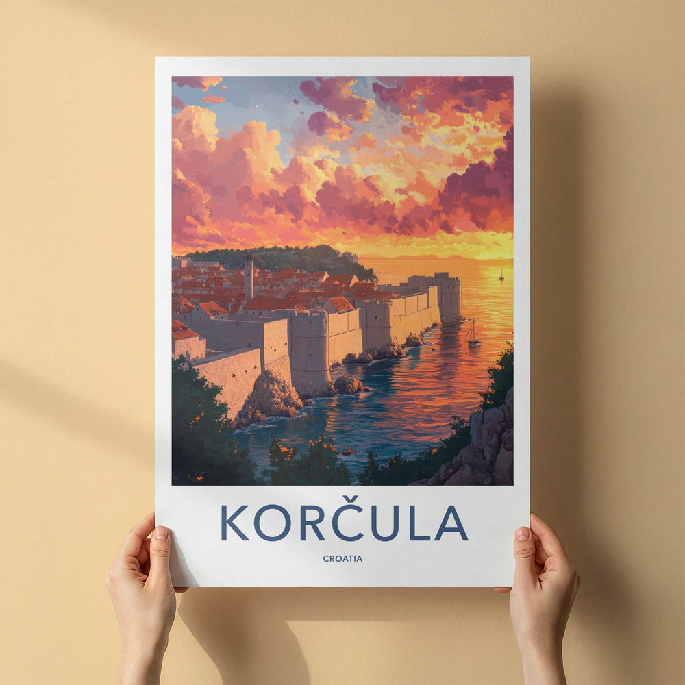 Korcula Poster - Croatia Travel Art - Dramatic Sunset Shore Home Decor