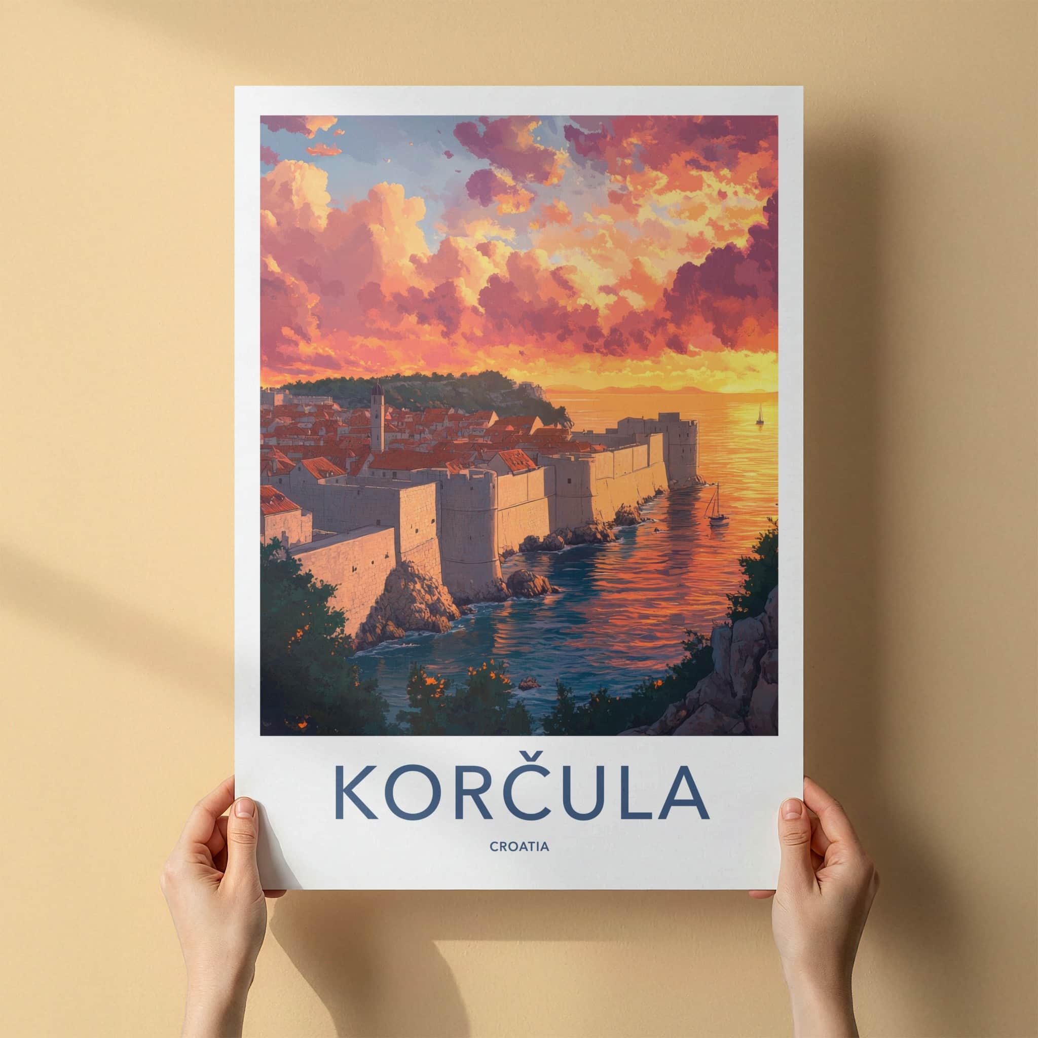 Korcula Poster - Croatia Travel Art - Dramatic Sunset Shore Home Decor