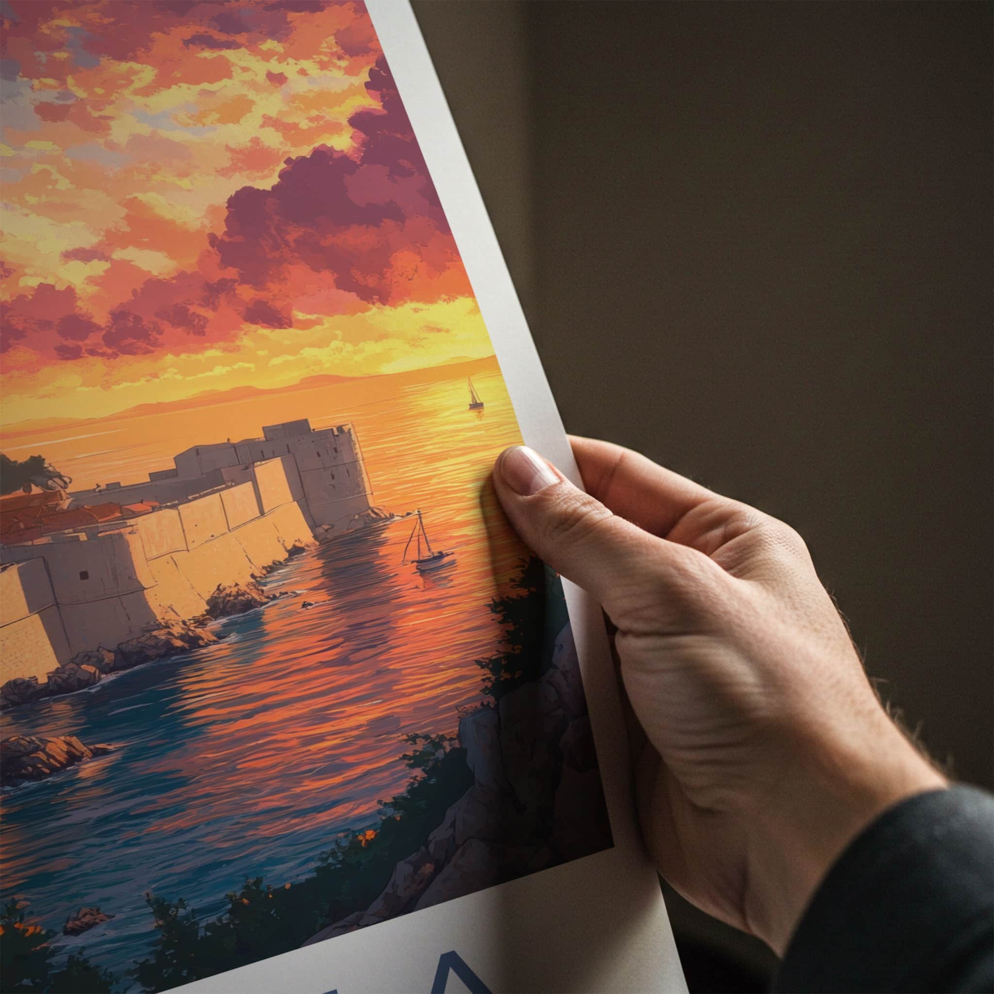 Korcula Poster - Croatia Travel Art - Dramatic Sunset Shore Home Decor