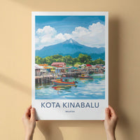 Kota Kinabalu Poster - Malaysia Travel Art - Coastal Village Mountain Wall Decor
