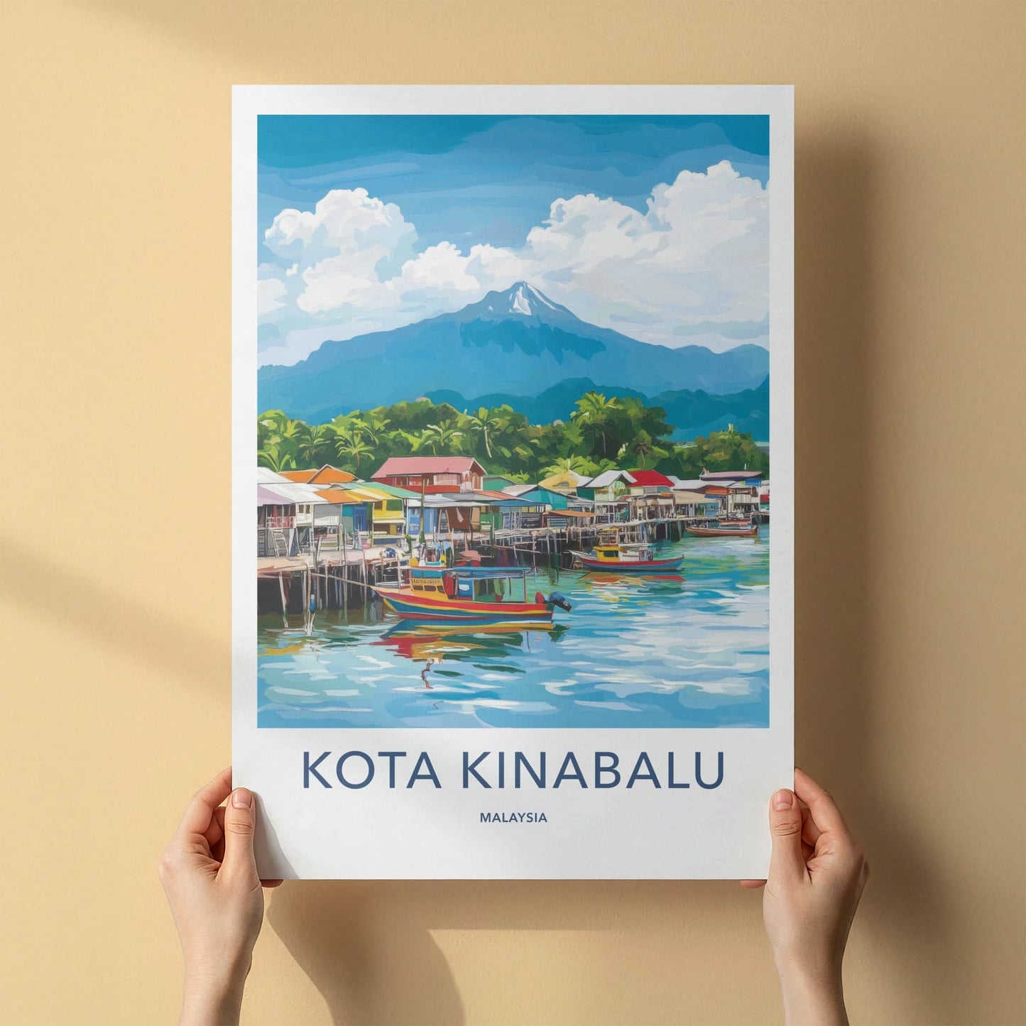 Kota Kinabalu Poster - Malaysia Travel Art - Coastal Village Mountain Wall Decor