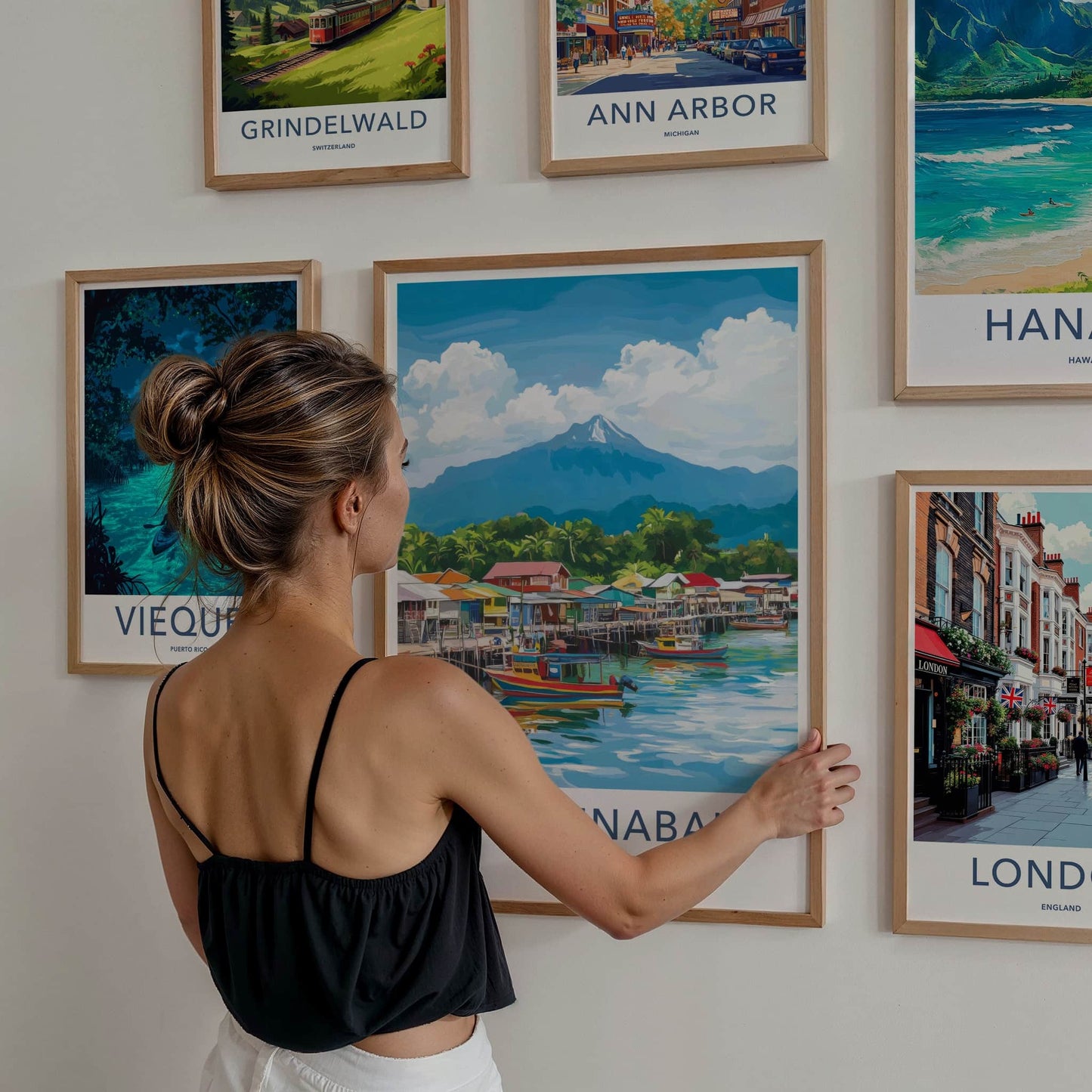 Kota Kinabalu Poster - Malaysia Travel Art - Coastal Village Mountain Wall Decor