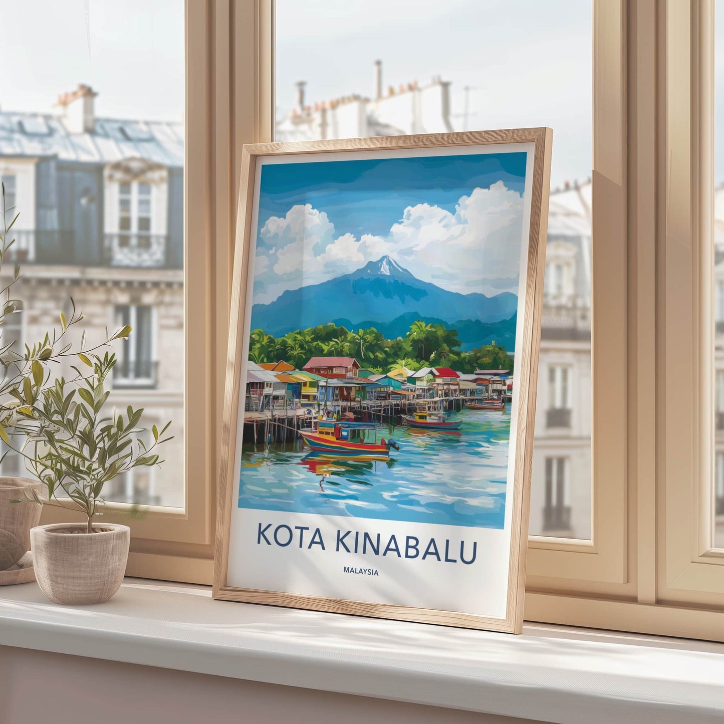 Kota Kinabalu Poster - Malaysia Travel Art - Coastal Village Mountain Wall Decor