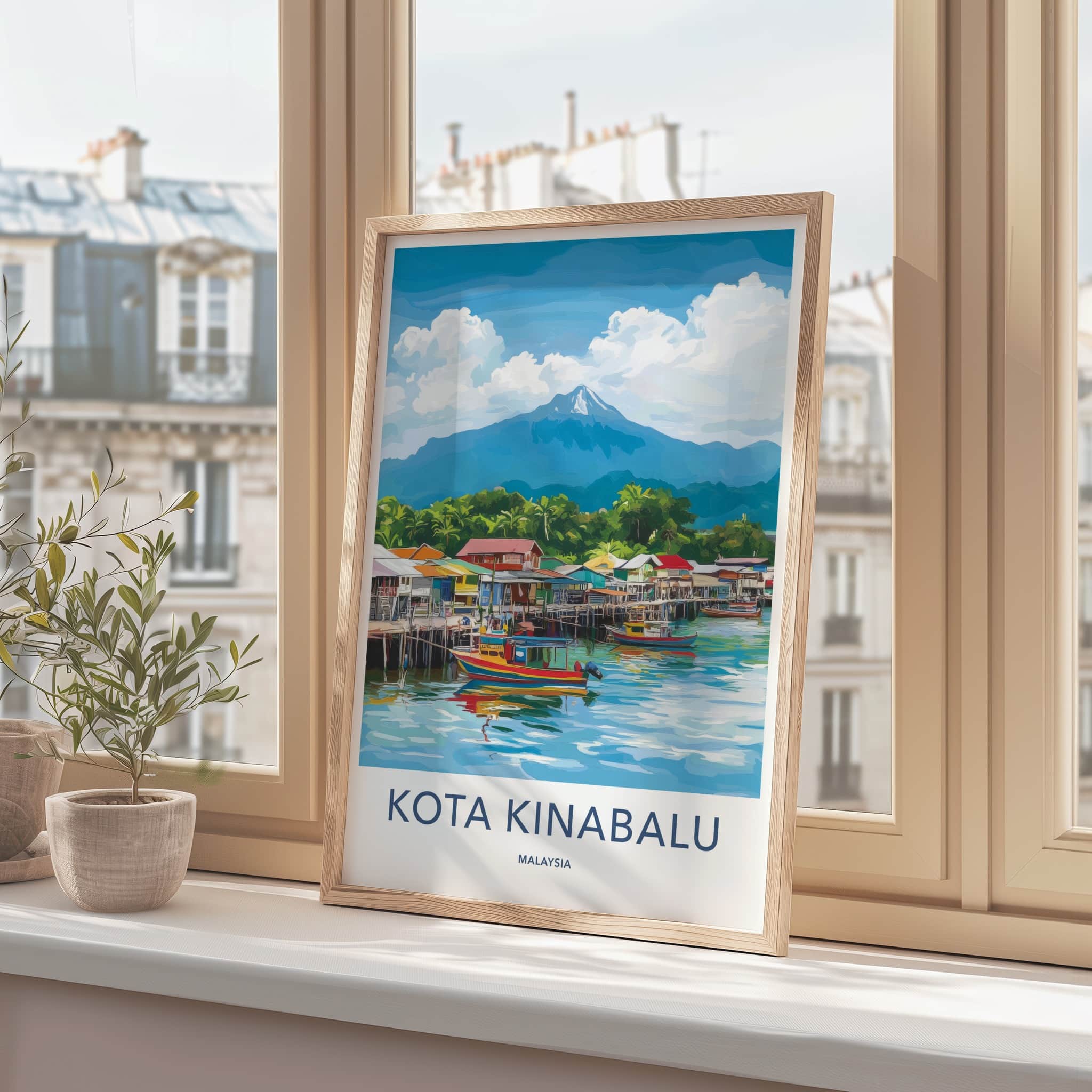 Kota Kinabalu Poster - Malaysia Travel Art - Coastal Village Mountain Wall Decor