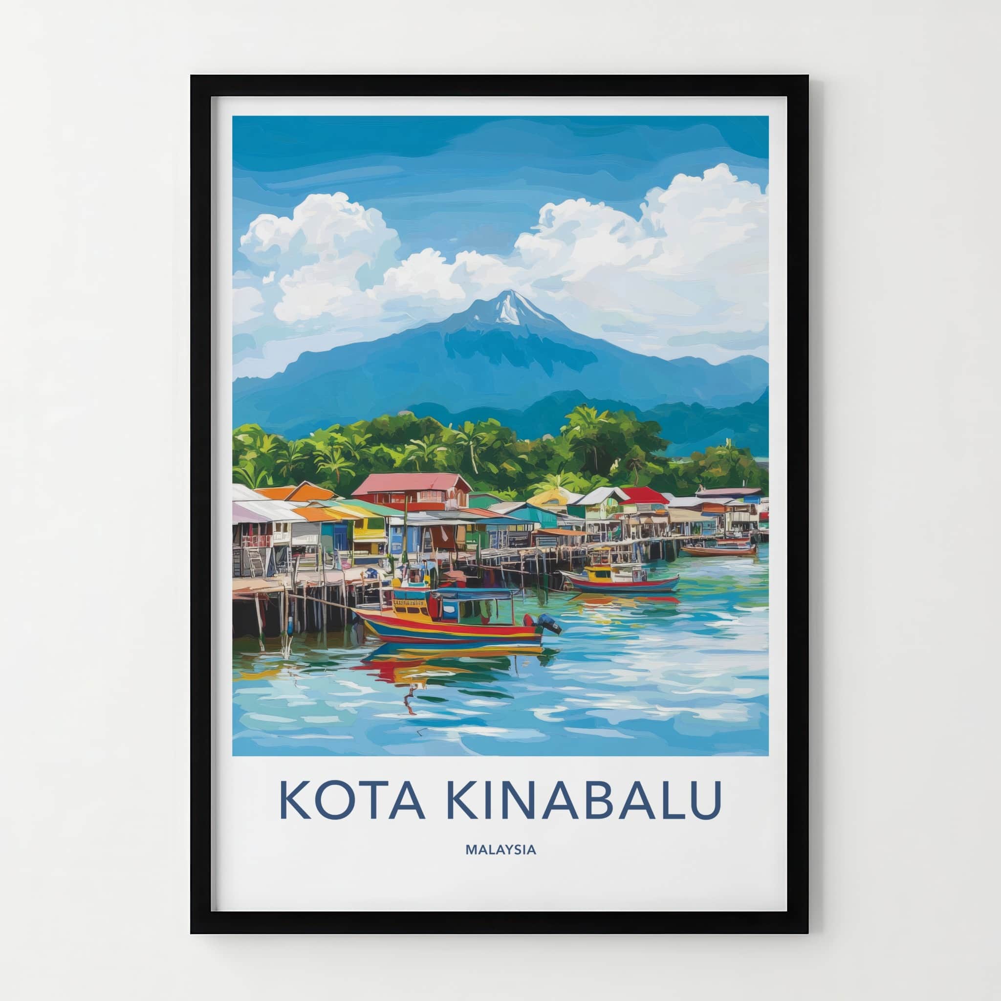 Kota Kinabalu Poster - Malaysia Travel Art - Coastal Village Mountain Wall Decor