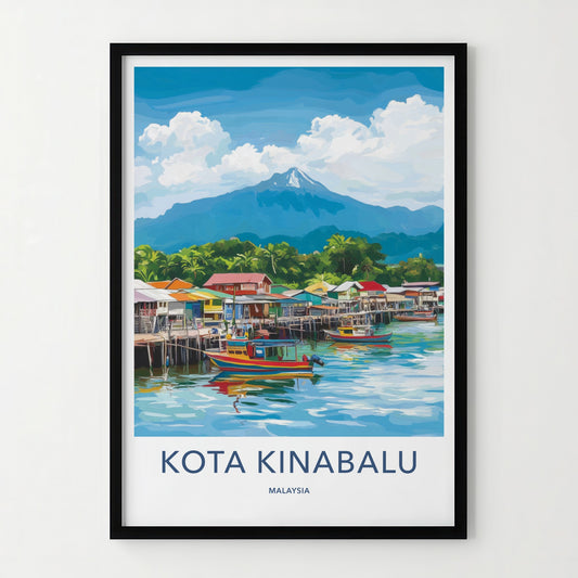 Kota Kinabalu Poster - Malaysia Travel Art - Coastal Village Mountain Wall Decor