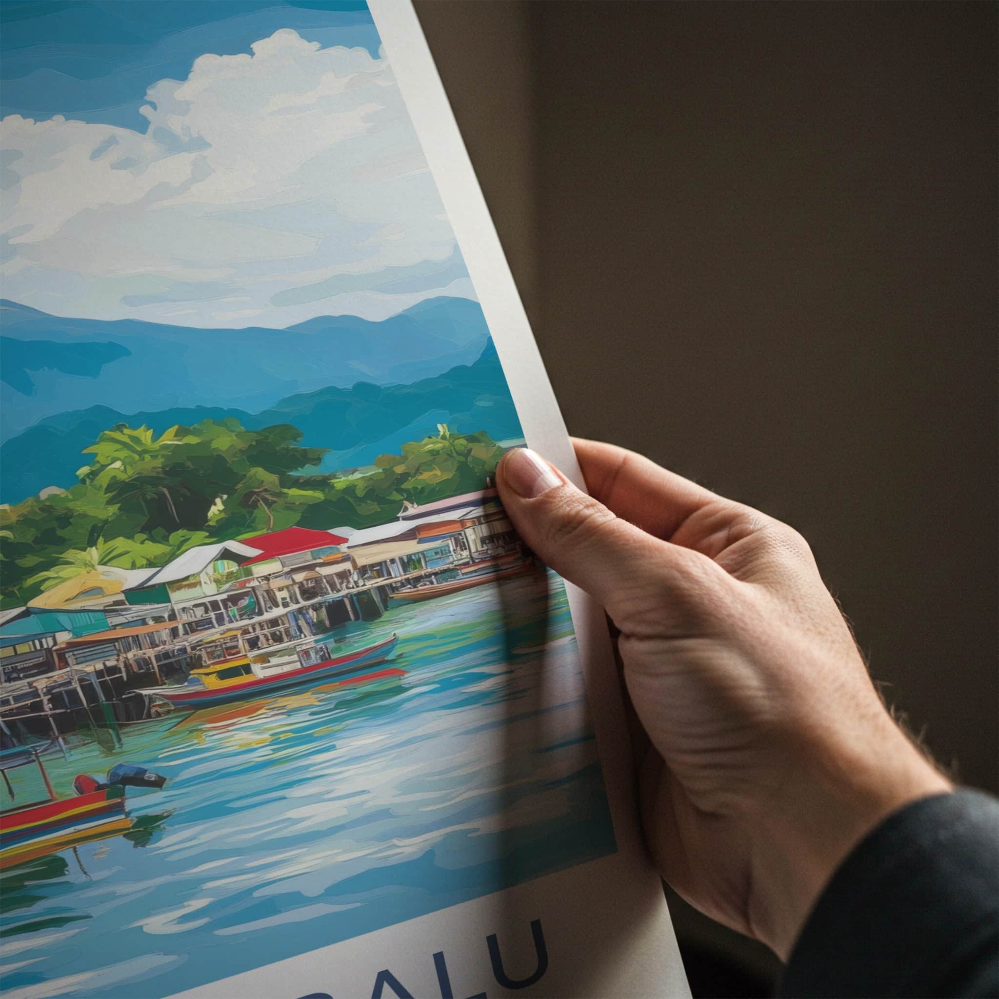 Kota Kinabalu Poster - Malaysia Travel Art - Coastal Village Mountain Wall Decor