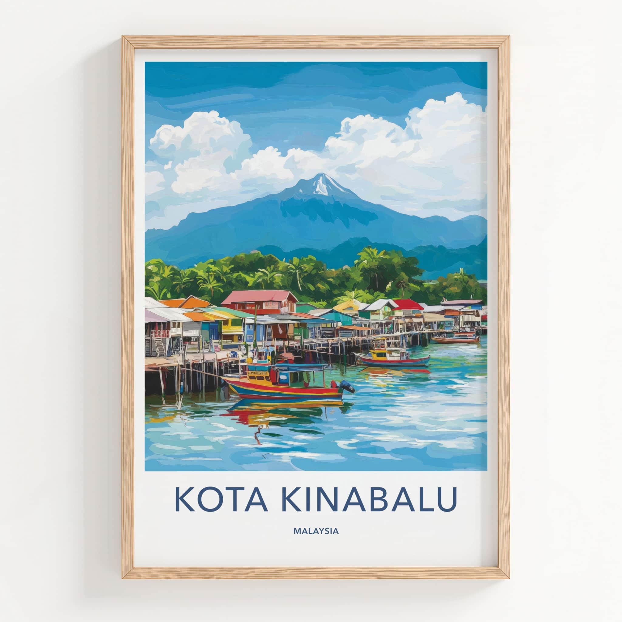 Kota Kinabalu Poster - Malaysia Travel Art - Coastal Village Mountain Wall Decor