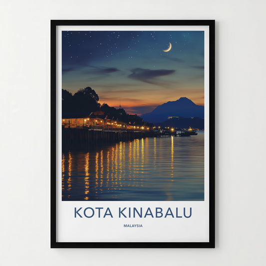 Kota Kinabalu Poster - Malaysia Travel Art - Shimmering Jetty Night Wall Decor