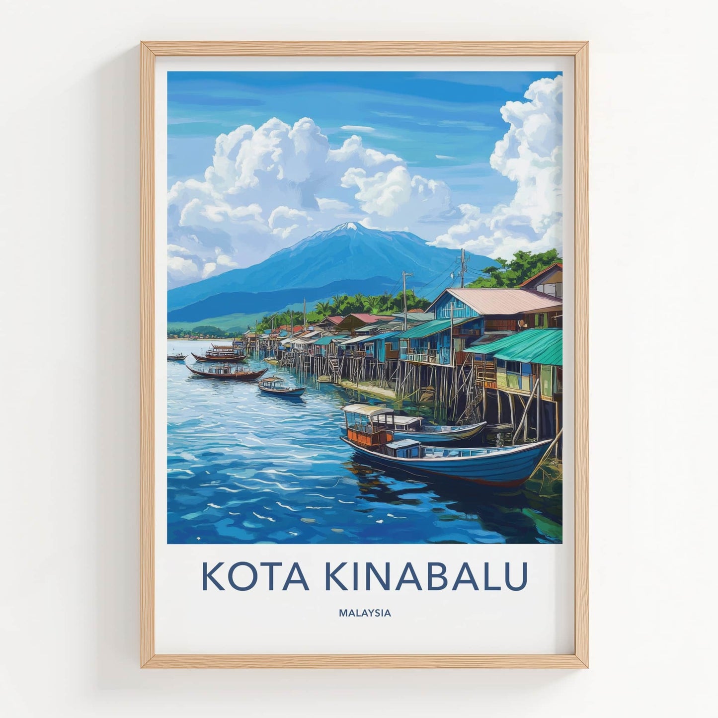 Kota Kinabalu Poster - Malaysia Travel Art - Stilt Houses Boats Home Decor