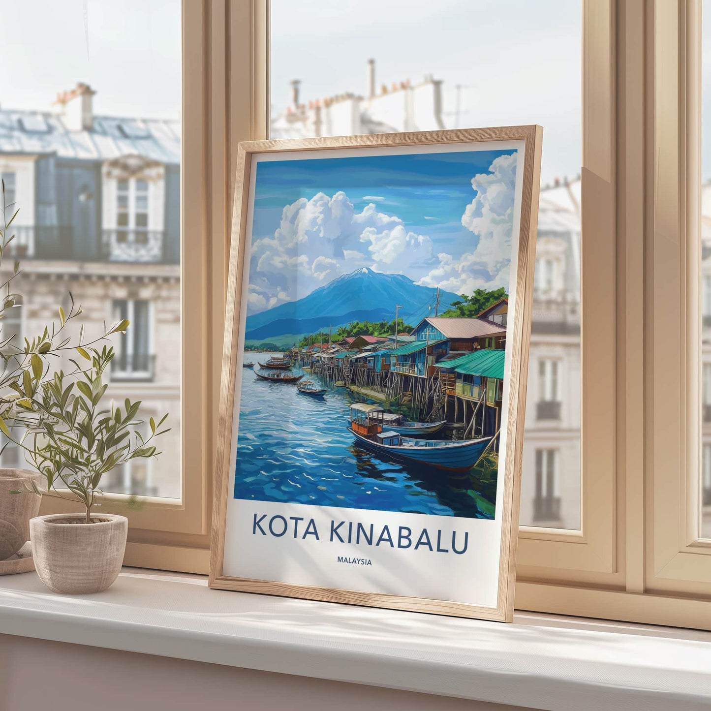 Kota Kinabalu Poster - Malaysia Travel Art - Stilt Houses Boats Home Decor