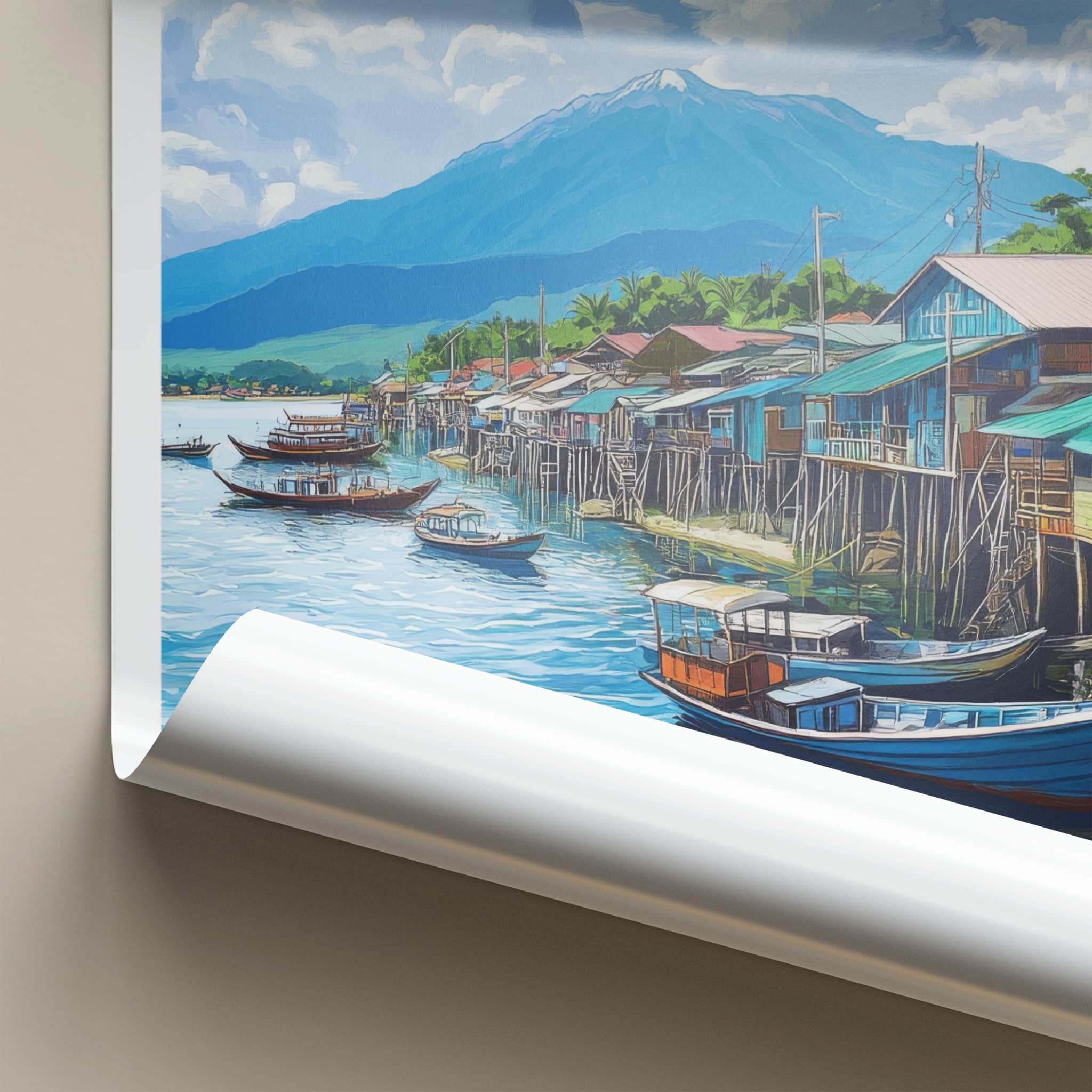 Kota Kinabalu Poster - Malaysia Travel Art - Stilt Houses Boats Home Decor