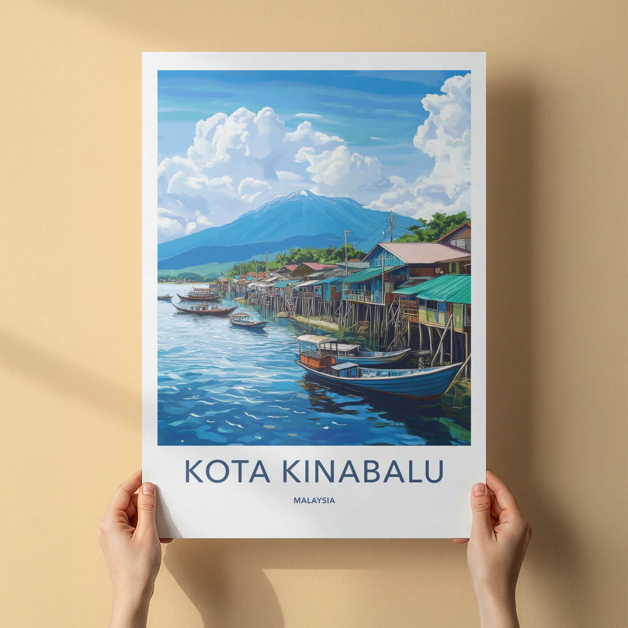 Kota Kinabalu Poster - Malaysia Travel Art - Stilt Houses Boats Home Decor