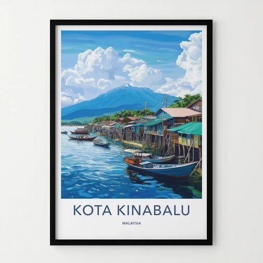 Kota Kinabalu Poster - Malaysia Travel Art - Stilt Houses Boats Home Decor