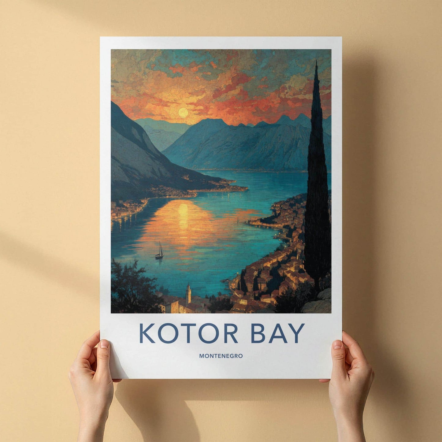 KOTOR BAY Poster - Montenegro Travel Art - Sunset Bay Town Home Decor