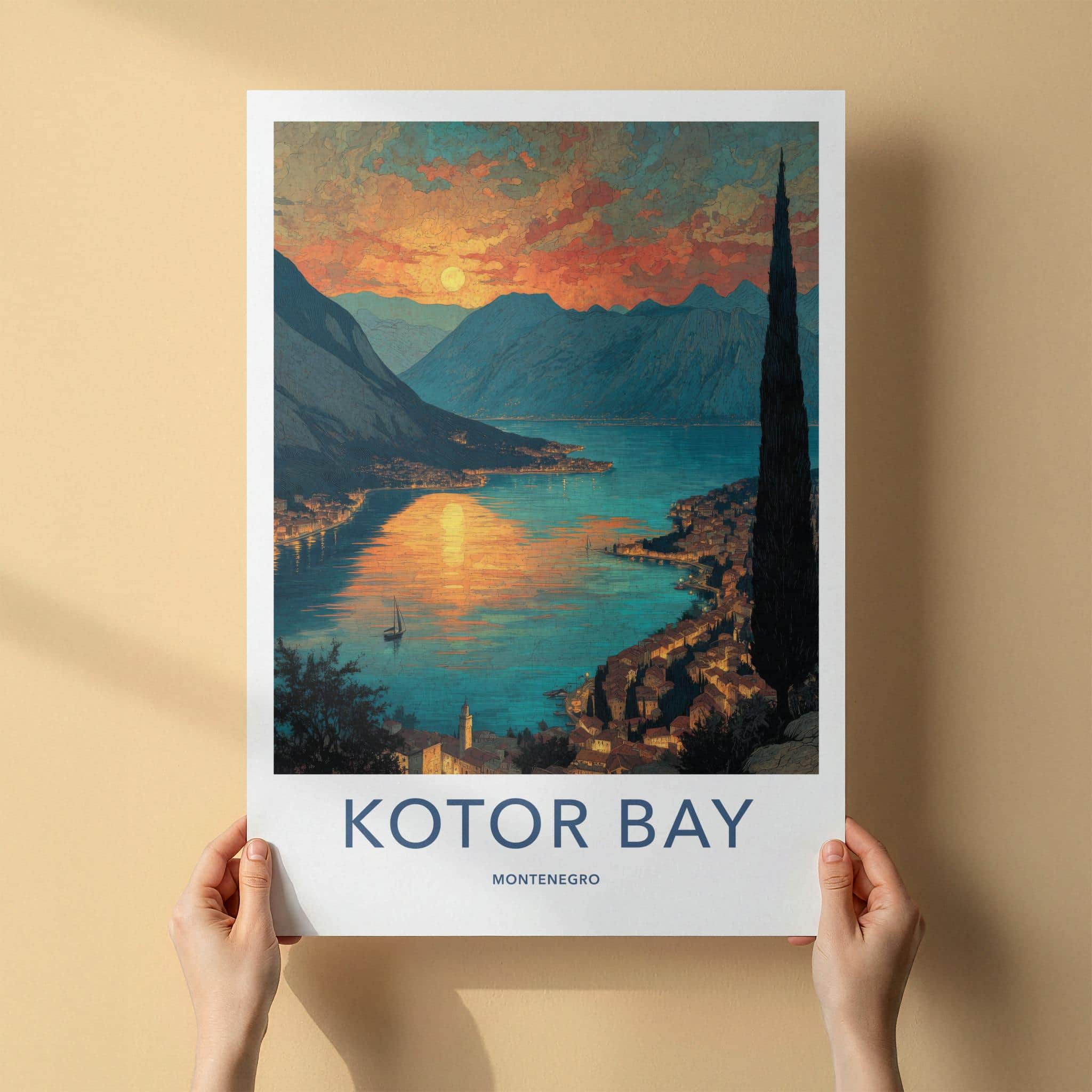 KOTOR BAY Poster - Montenegro Travel Art - Sunset Bay Town Home Decor