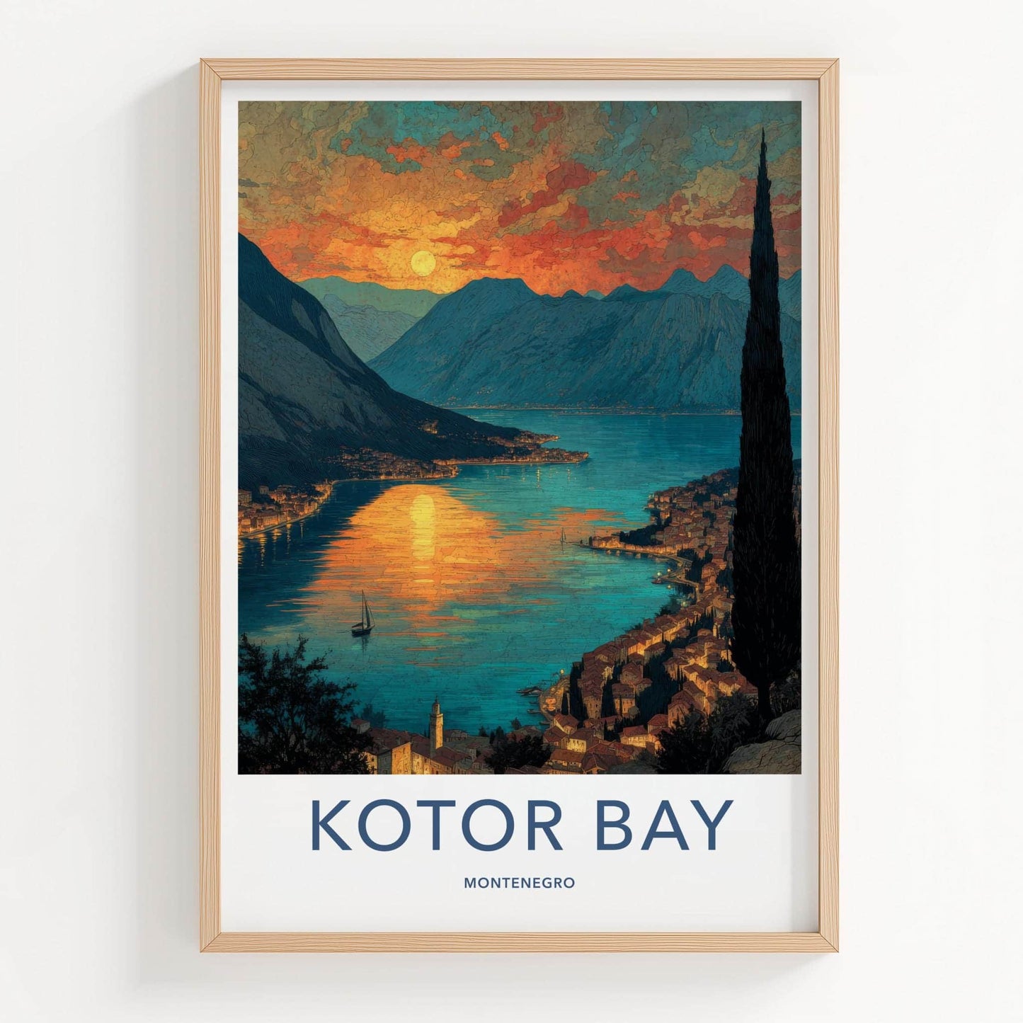 KOTOR BAY Poster - Montenegro Travel Art - Sunset Bay Town Home Decor