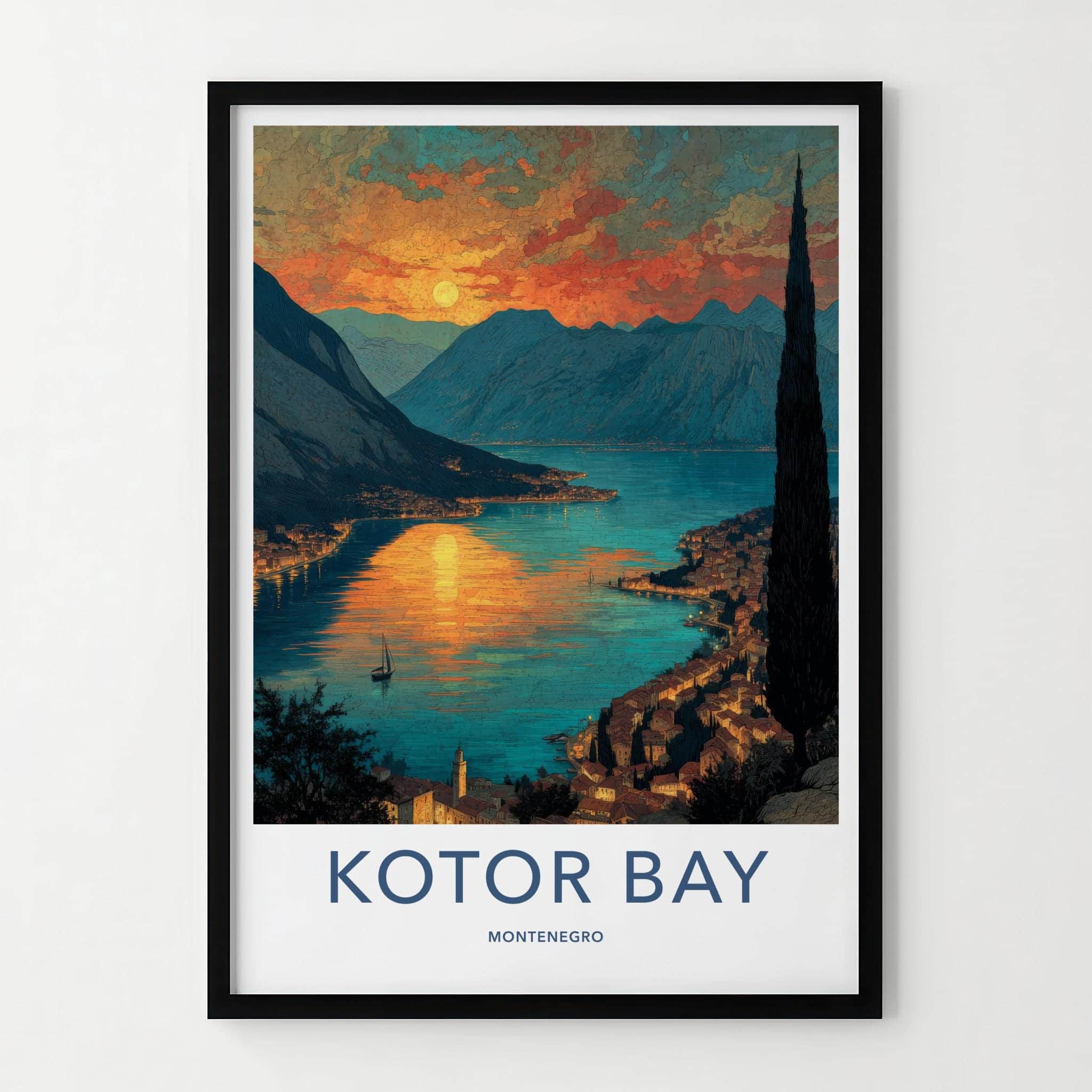 KOTOR BAY Poster - Montenegro Travel Art - Sunset Bay Town Home Decor