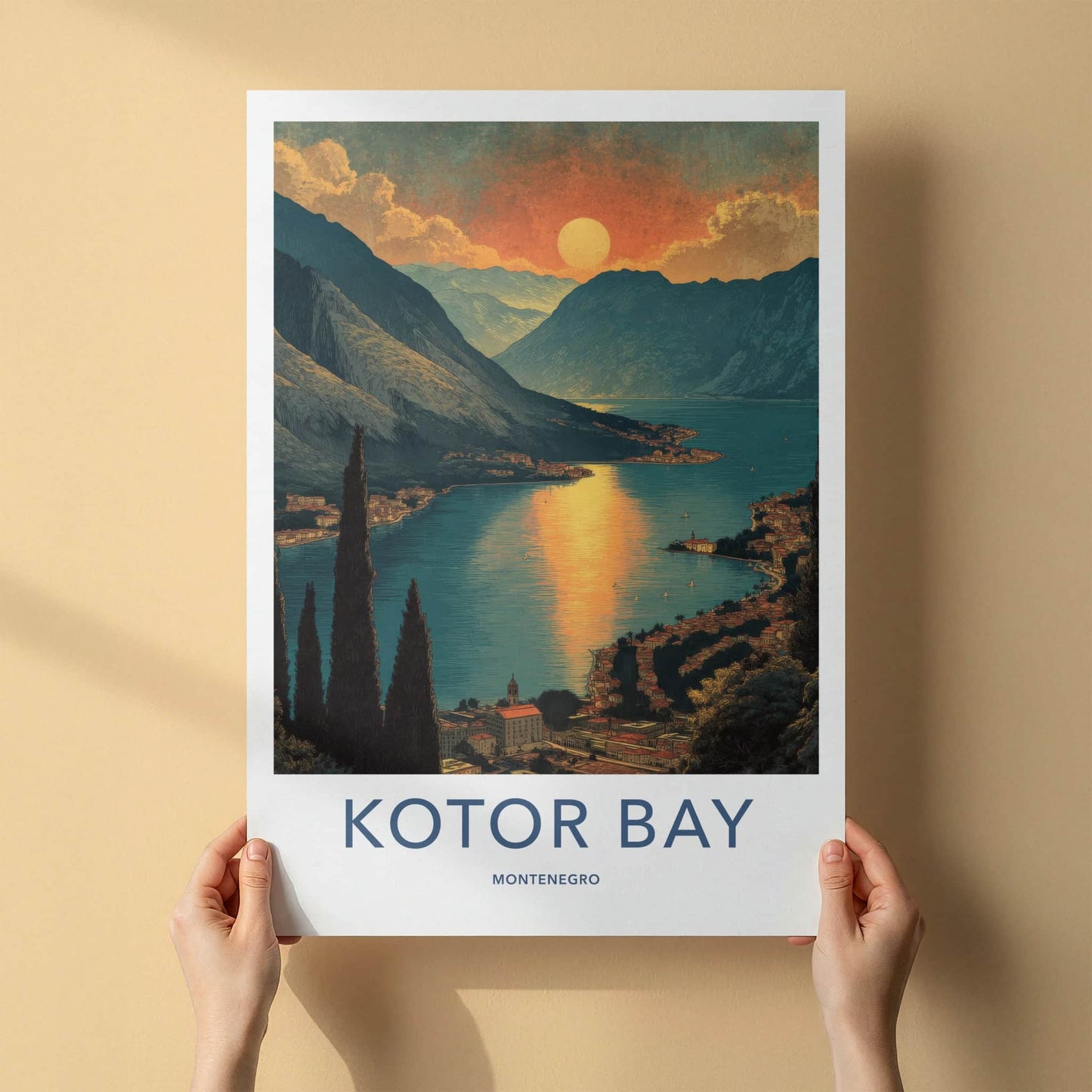 Kotor Bay Poster - Montenegro Travel Art - Sunset Mountain Village Home Decor