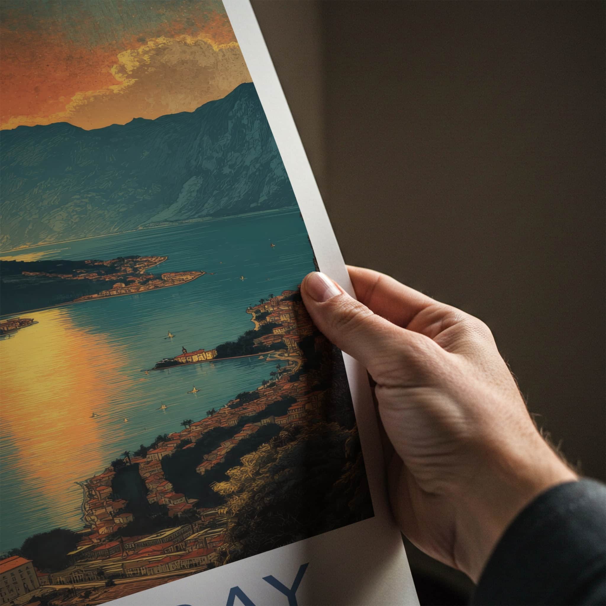 Kotor Bay Poster - Montenegro Travel Art - Sunset Mountain Village Home Decor