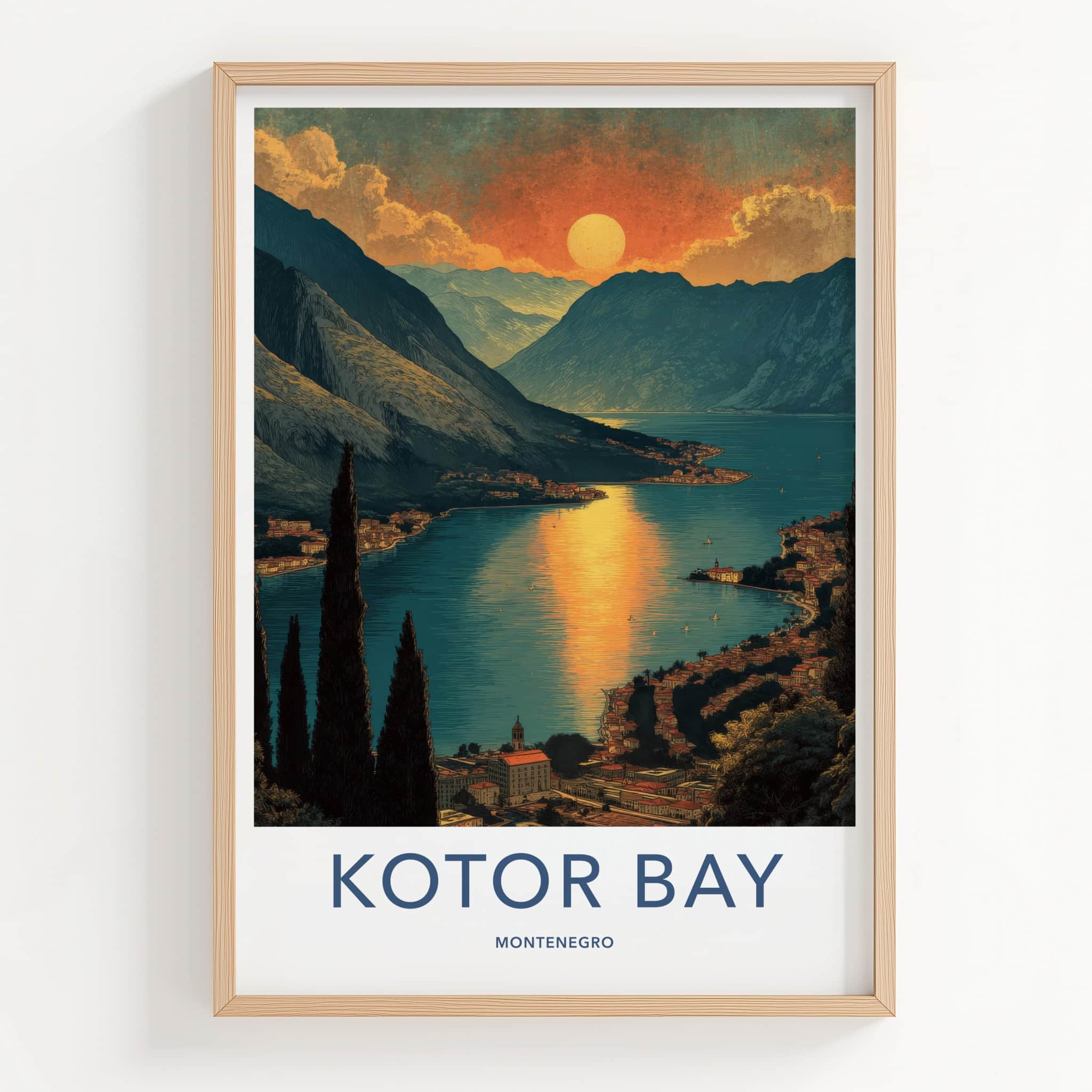 Kotor Bay Poster - Montenegro Travel Art - Sunset Mountain Village Home Decor