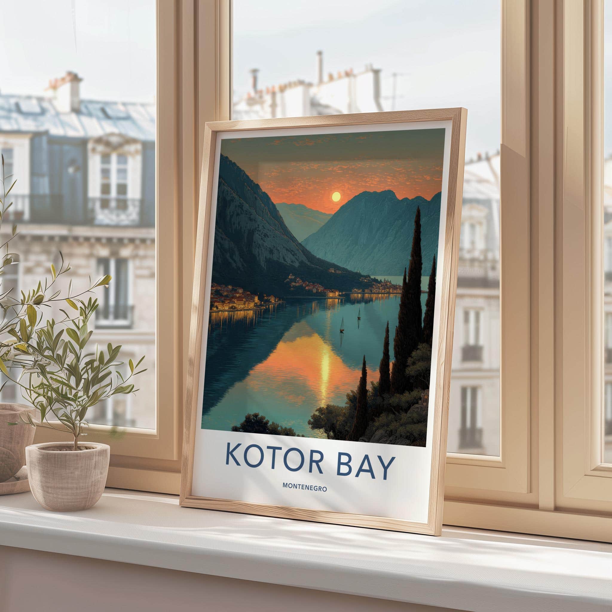 Kotor Bay Poster - Montenegro Travel Print - Golden Water Sunset Home Decor