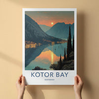 Kotor Bay Poster - Montenegro Travel Print - Golden Water Sunset Home Decor