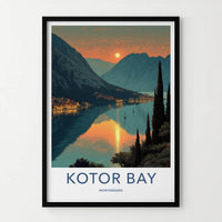 Kotor Bay Poster - Montenegro Travel Print - Golden Water Sunset Home Decor