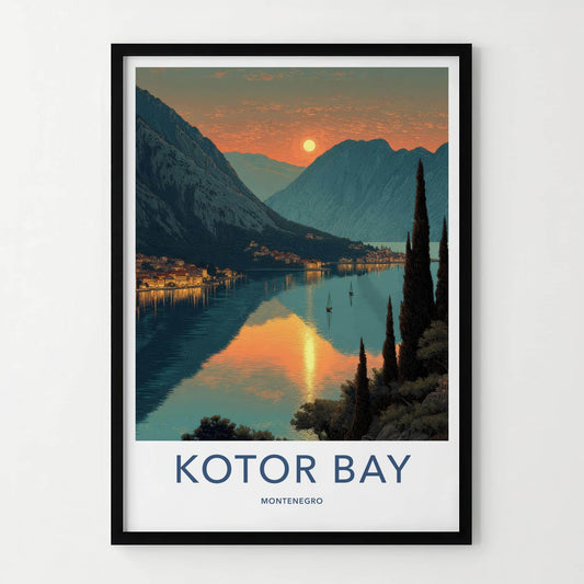 Kotor Bay Poster - Montenegro Travel Print - Golden Water Sunset Home Decor