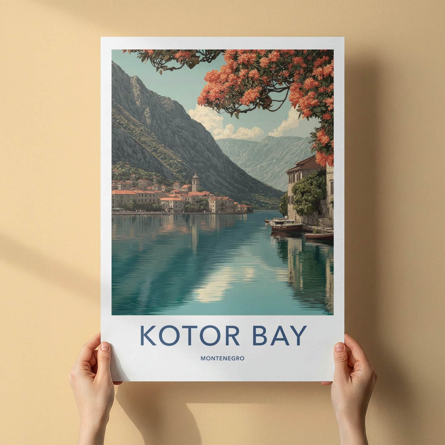Kotor Bay Poster - Montenegro Travel Print - Orange Flowers Houses Lounge Decor