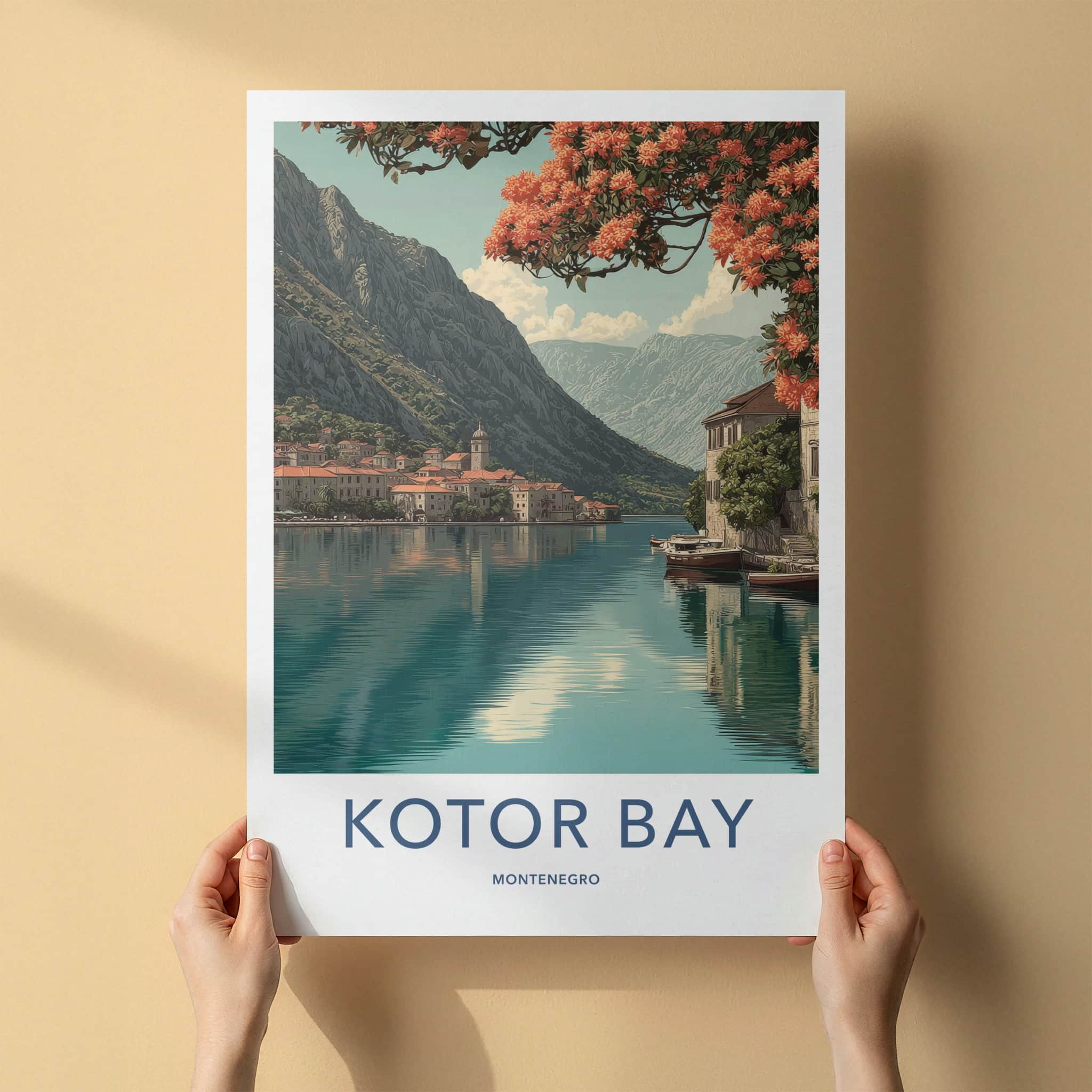 Kotor Bay Poster - Montenegro Travel Print - Orange Flowers Houses Lounge Decor