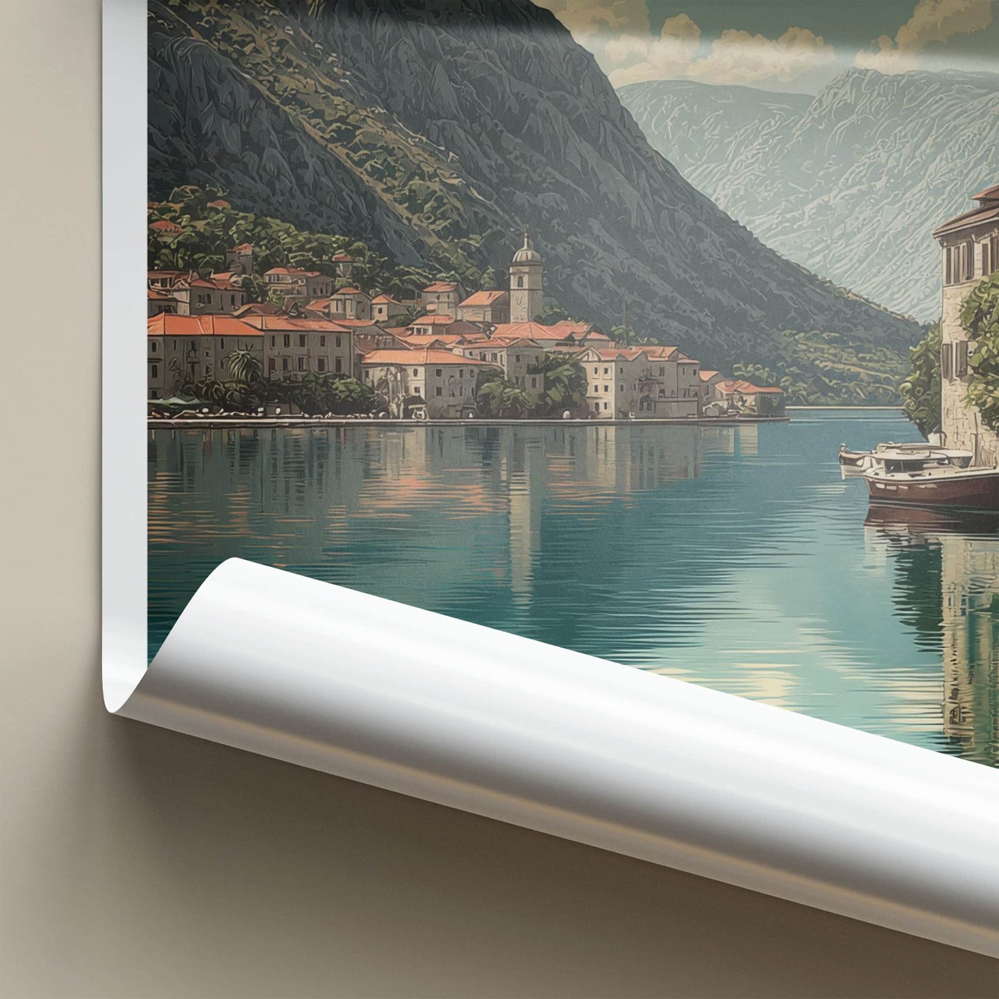 Kotor Bay Poster - Montenegro Travel Print - Orange Flowers Houses Lounge Decor