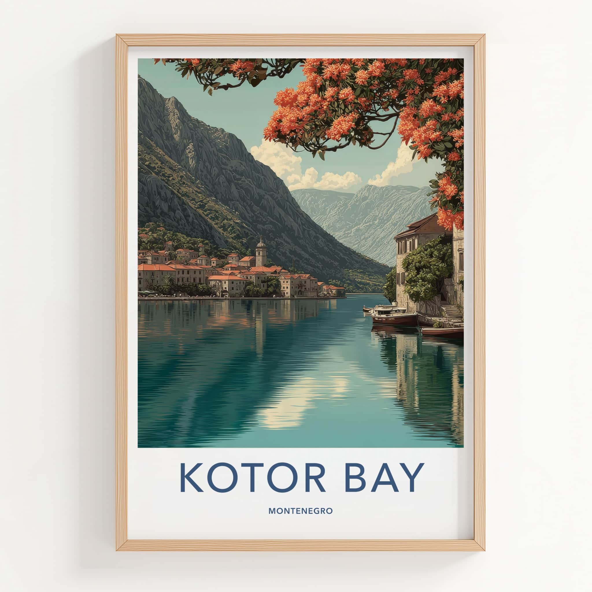 Kotor Bay Poster - Montenegro Travel Print - Orange Flowers Houses Lounge Decor
