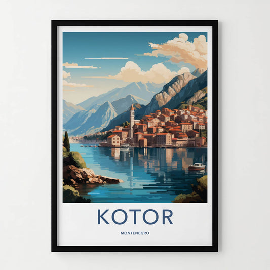 Kotor Poster - Montenegro Travel Art - Coastal Town Mountains Wall Decor