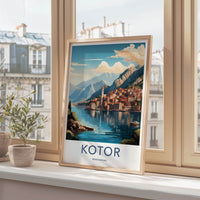 Kotor Poster - Montenegro Travel Art - Coastal Town Mountains Wall Decor