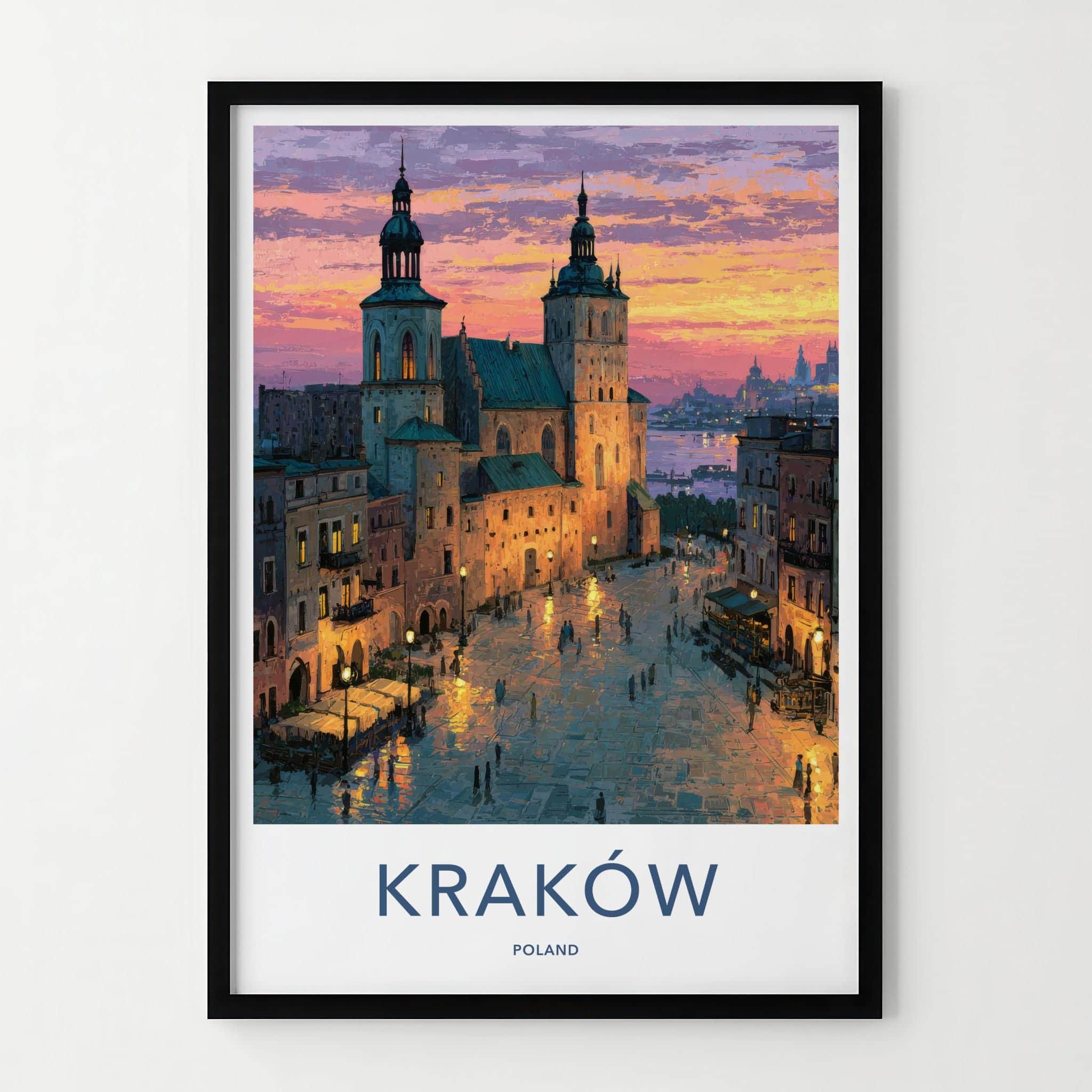 Krakow Poster - Poland Travel Art - Historic Cityscape Sunset Wall Decor