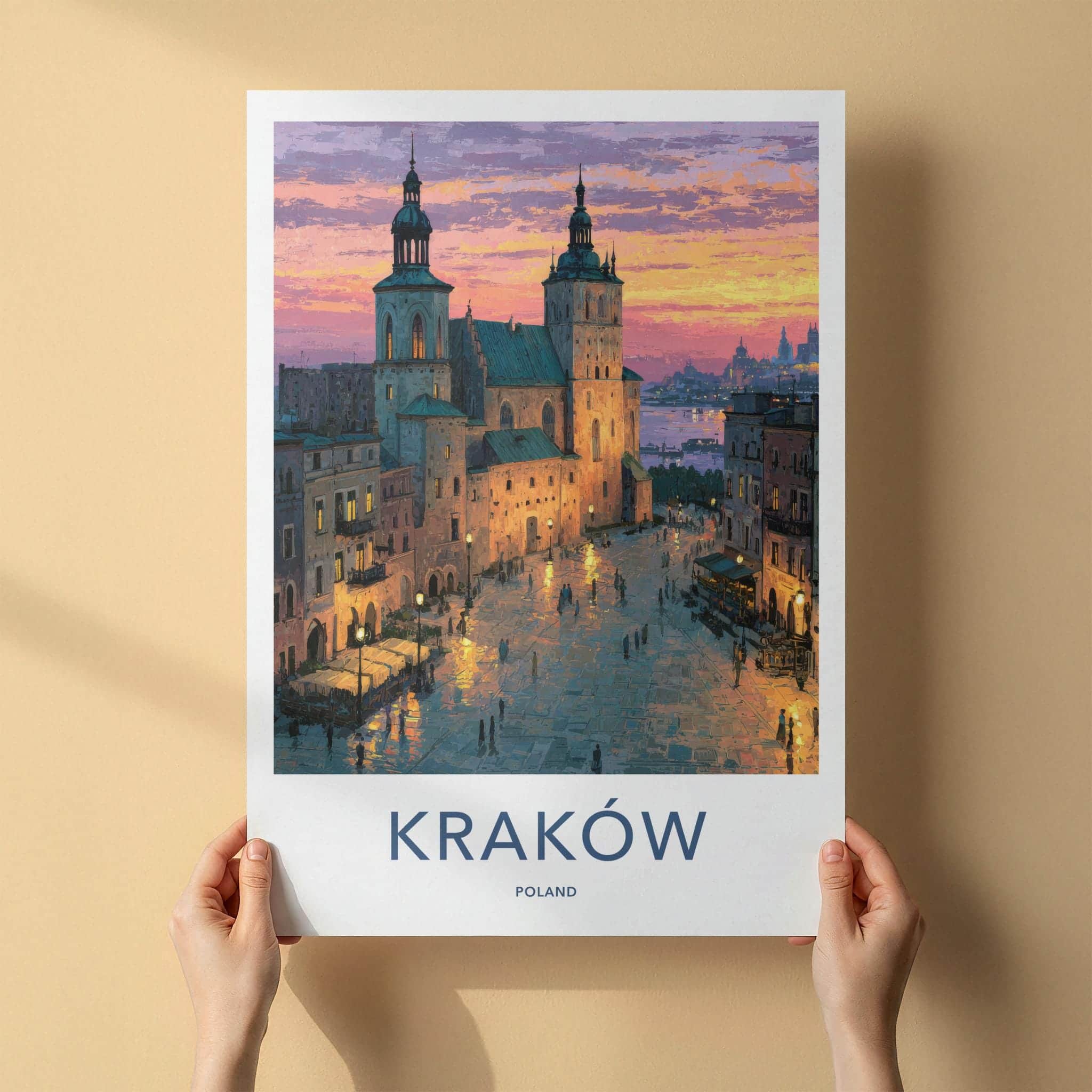 Krakow Poster - Poland Travel Art - Historic Cityscape Sunset Wall Decor