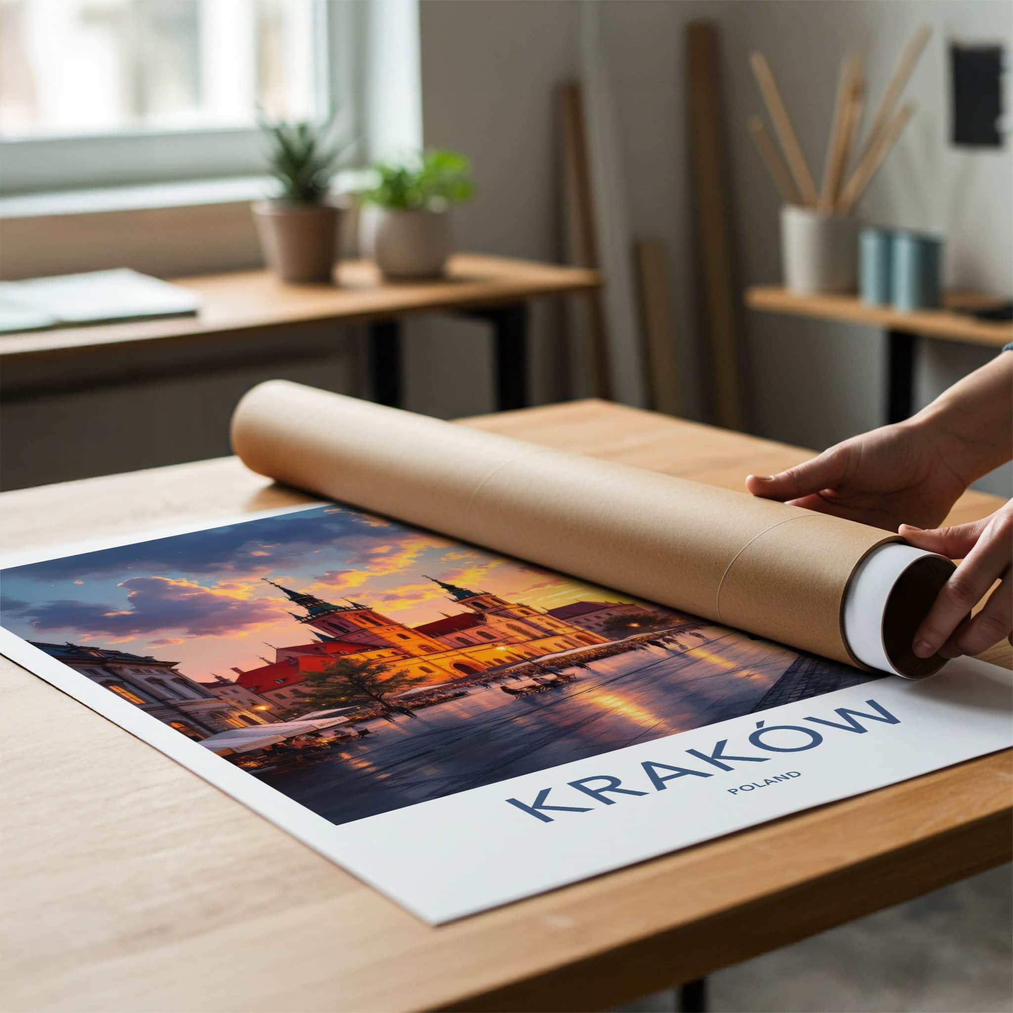 Krakow Poster - Poland Travel Art - Historic Square Sunset Home Decor