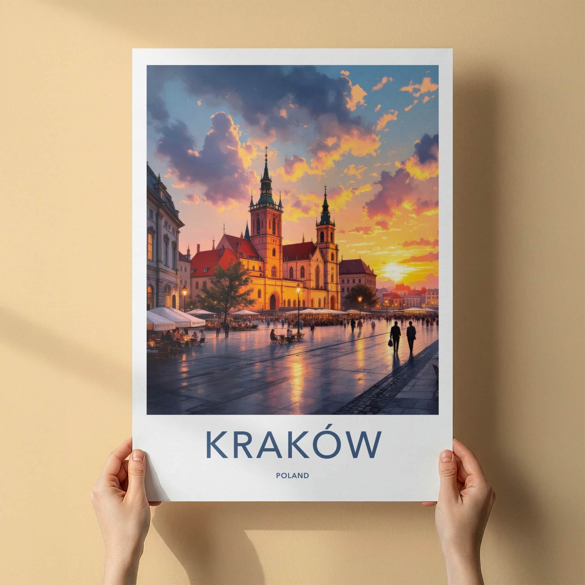 Krakow Poster - Poland Travel Art - Historic Square Sunset Home Decor