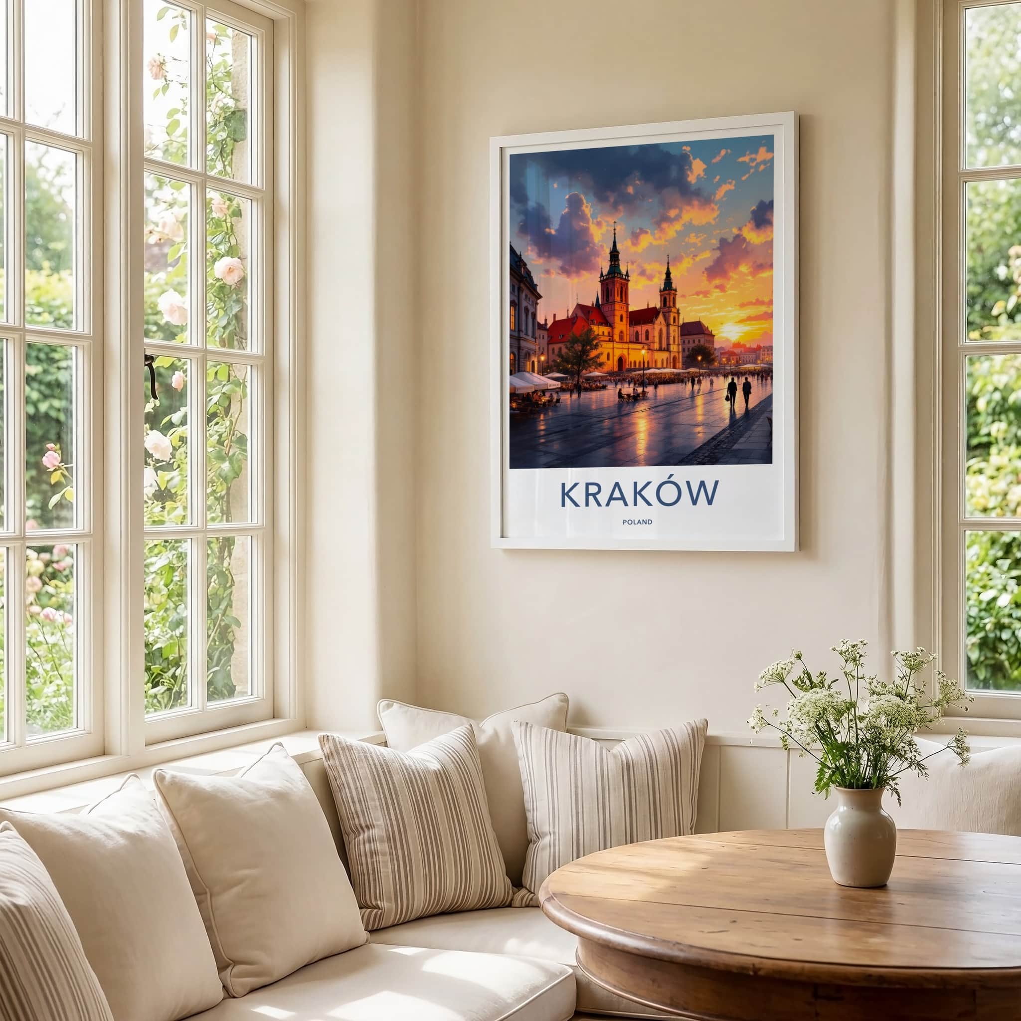 Krakow Poster - Poland Travel Art - Historic Square Sunset Home Decor