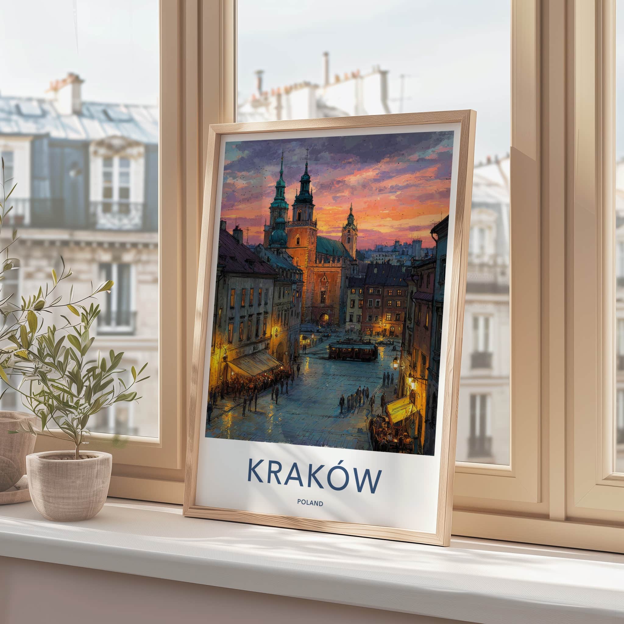 Krakow Poster - Poland Travel Art - Sunset Cityscape Evening Home Decor
