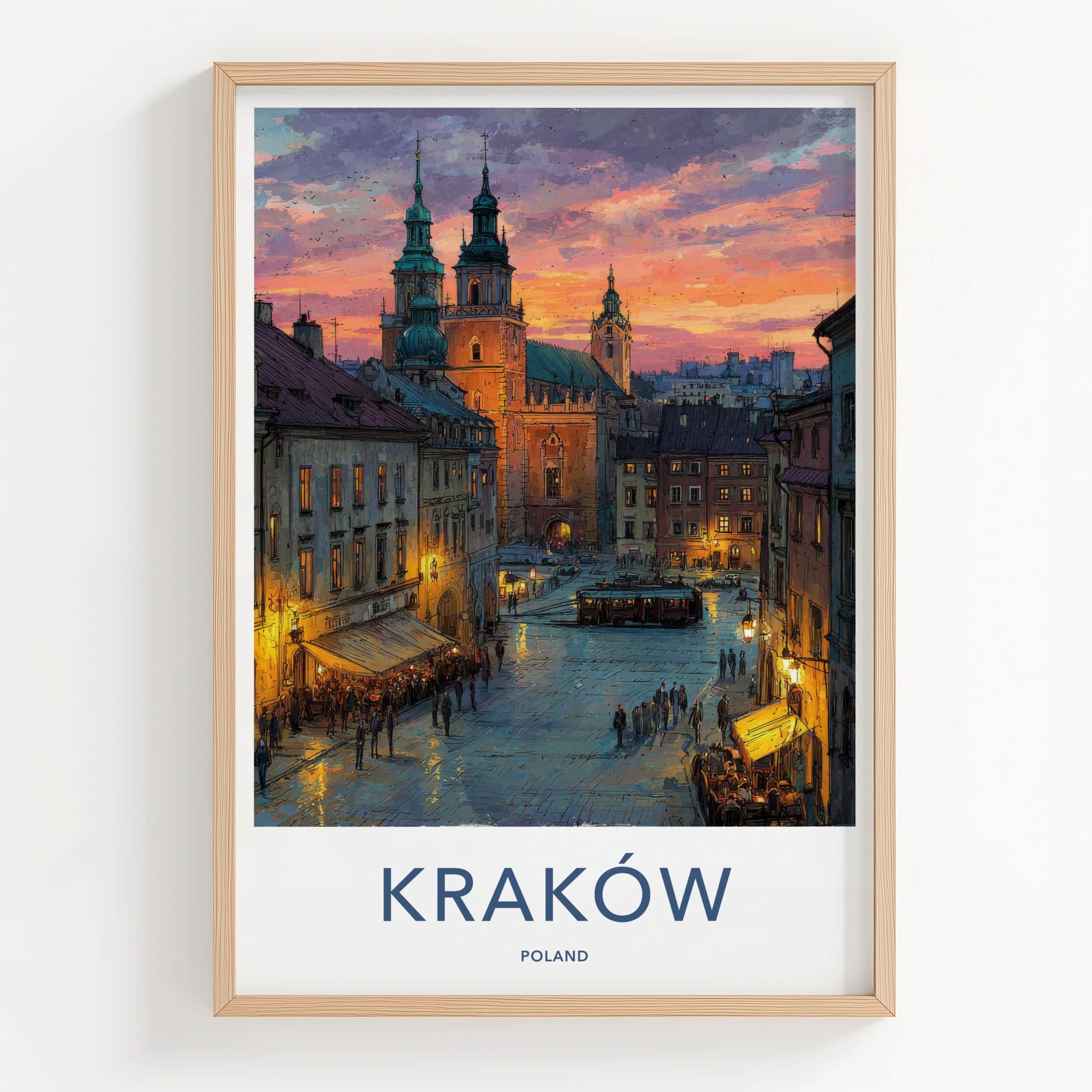 Krakow Poster - Poland Travel Art - Sunset Cityscape Evening Home Decor