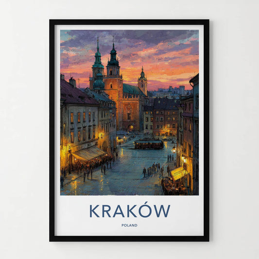 Krakow Poster - Poland Travel Art - Sunset Cityscape Evening Home Decor