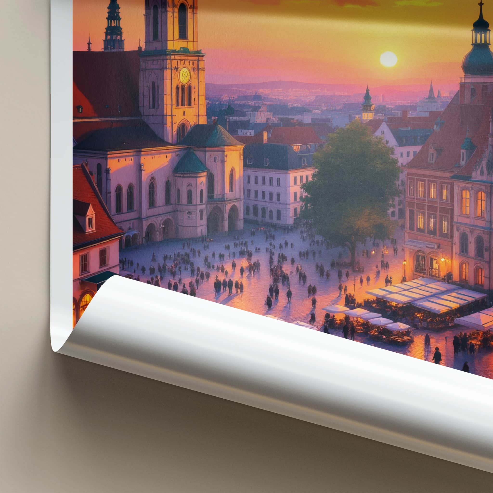 Krakow Poster - Poland Travel Art - Vibrant City Sunset Home Decor