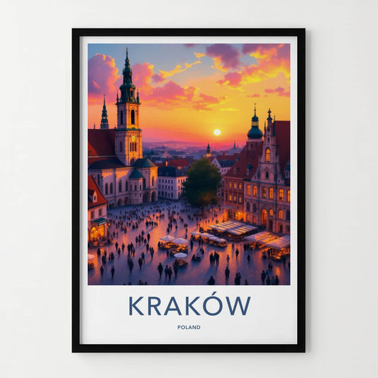 Krakow Poster - Poland Travel Art - Vibrant City Sunset Home Decor