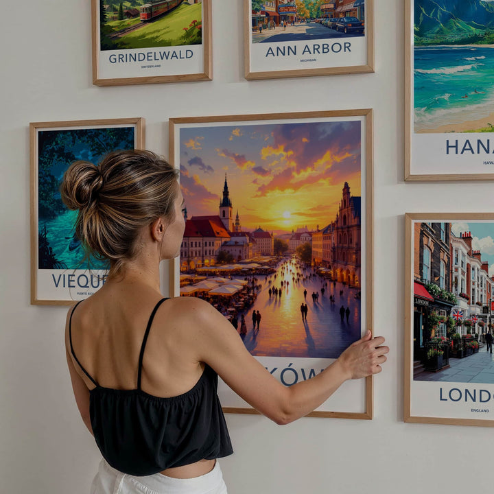 Krakow Poster - Poland Travel Art - Vibrant Market Sunset Home Decor