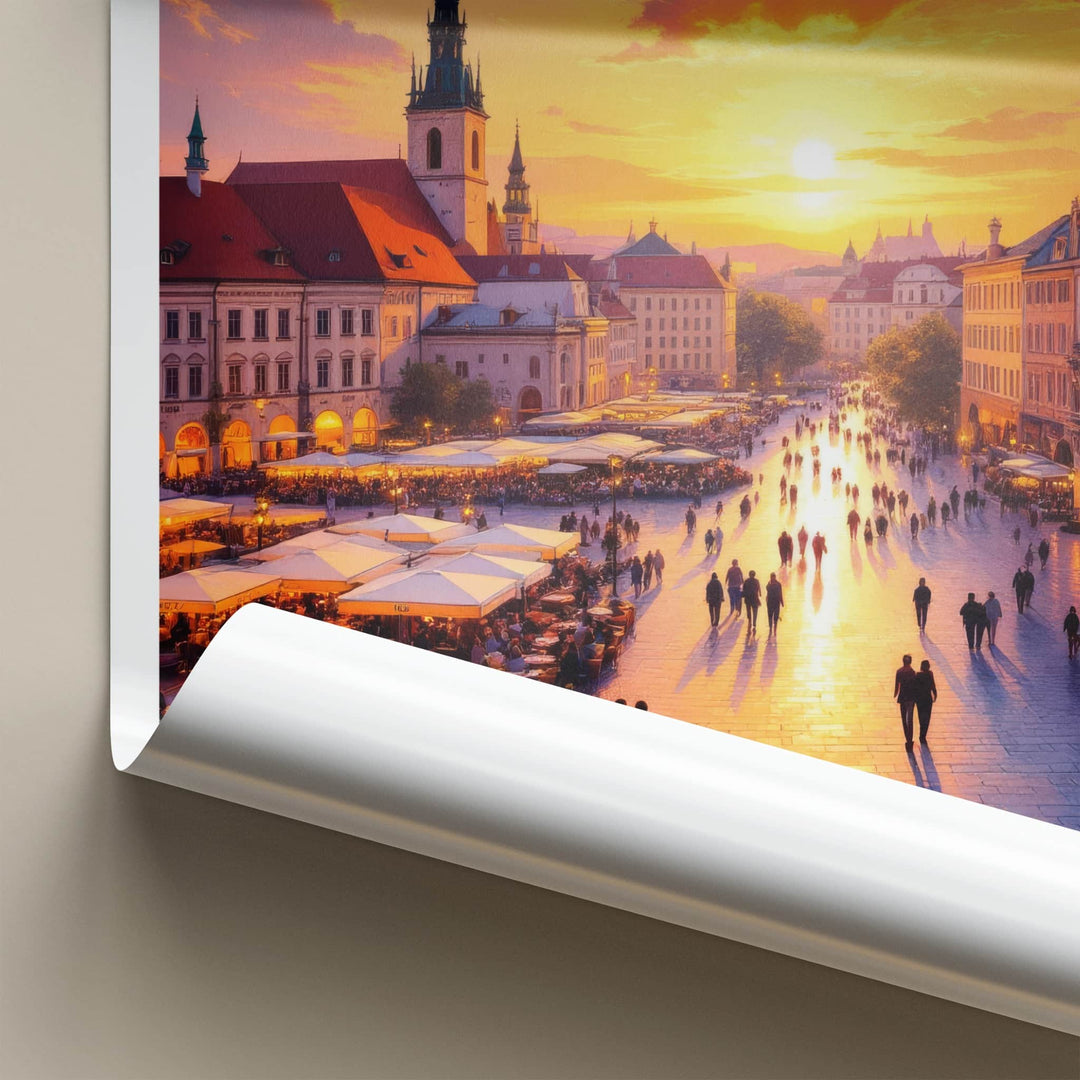 Krakow Poster - Poland Travel Art - Vibrant Market Sunset Home Decor