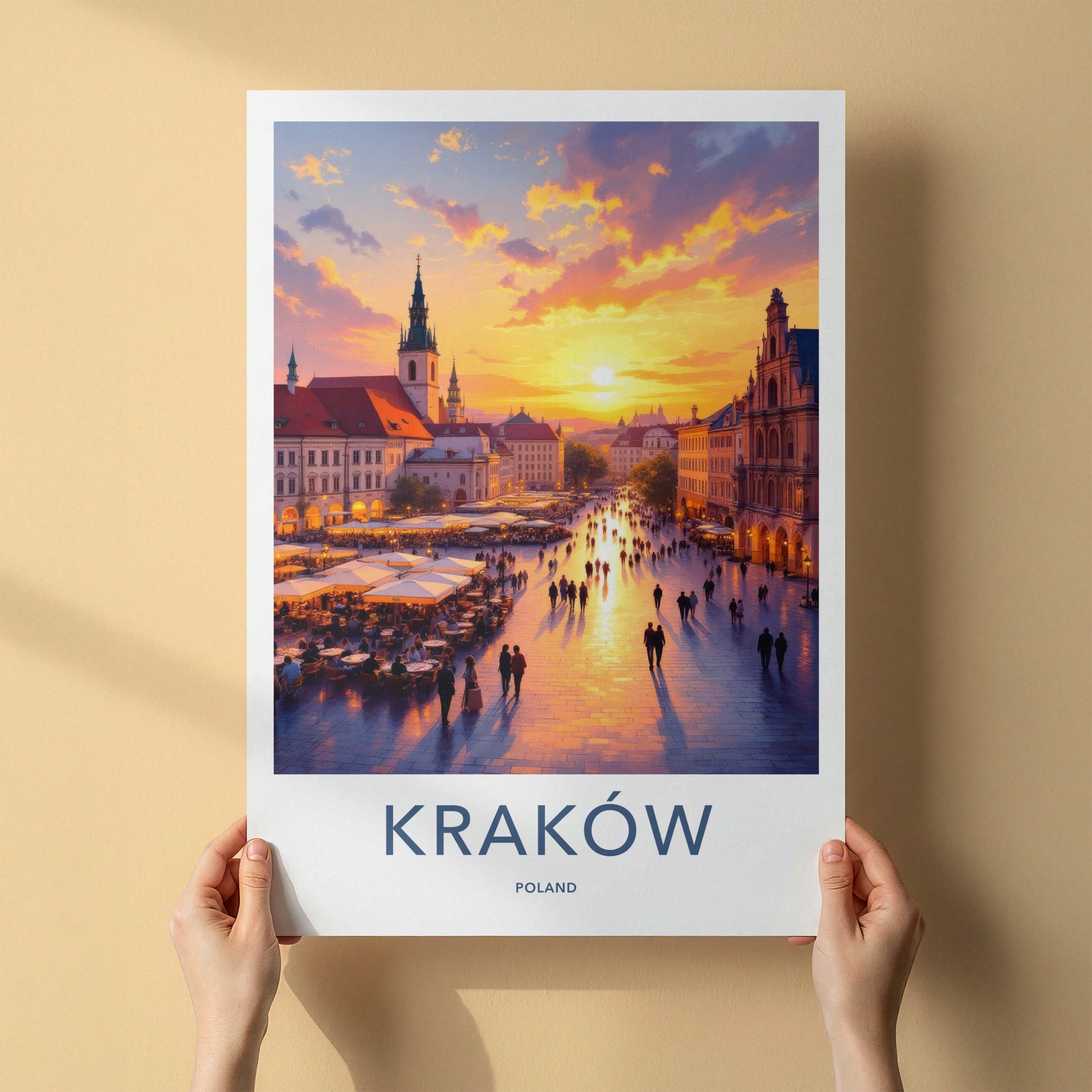 Krakow Poster - Poland Travel Art - Vibrant Market Sunset Home Decor
