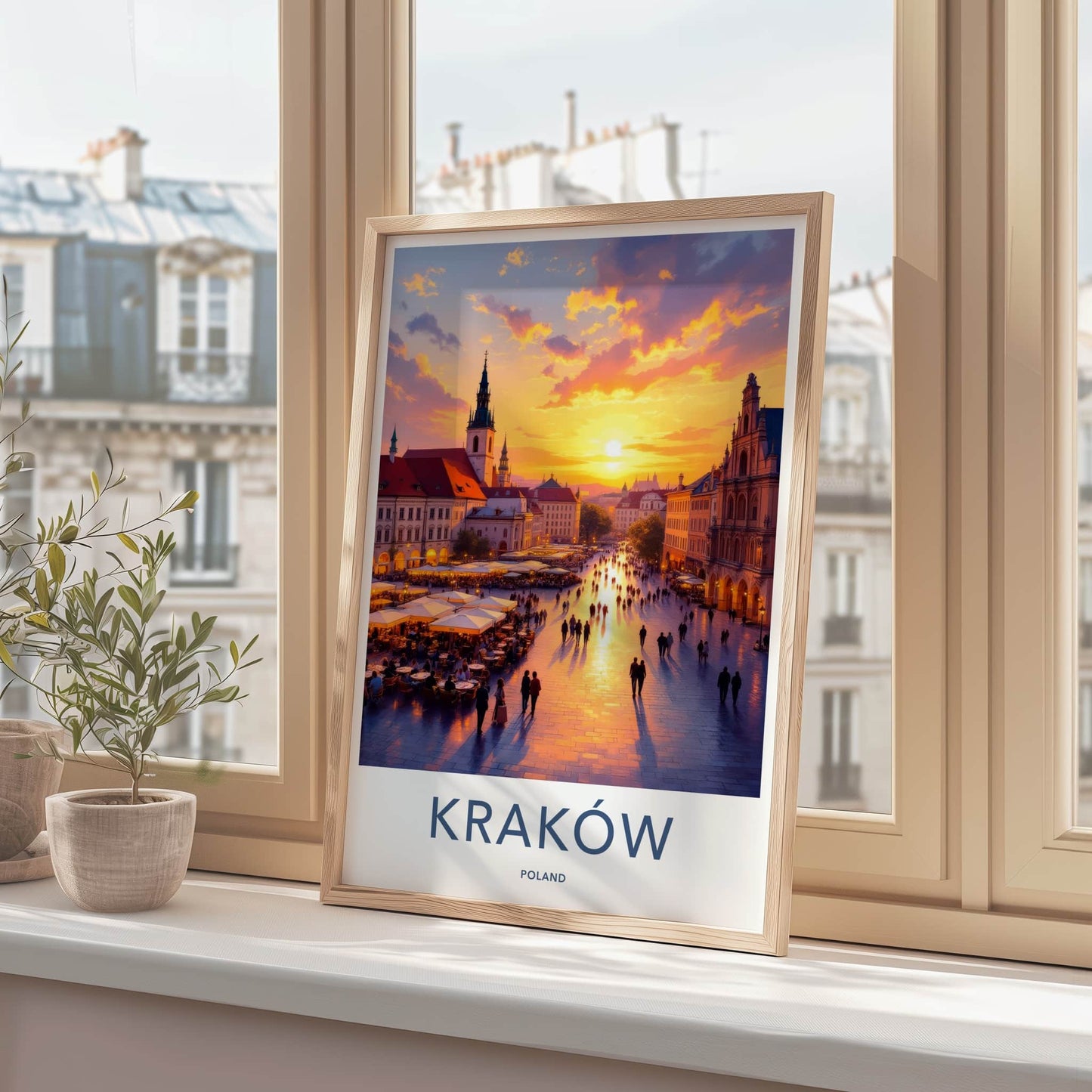 Krakow Poster - Poland Travel Art - Vibrant Market Sunset Home Decor