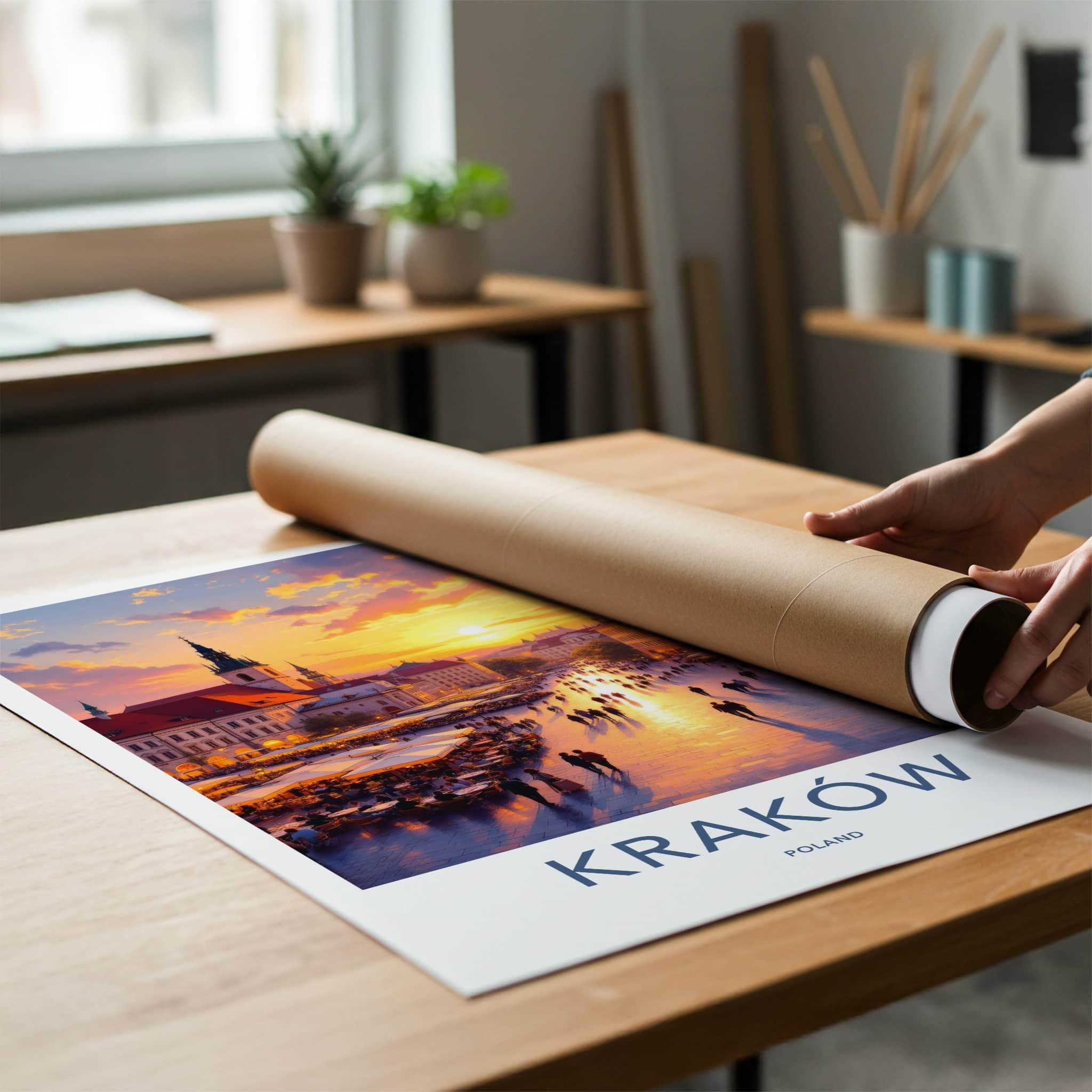 Krakow Poster - Poland Travel Art - Vibrant Market Sunset Home Decor